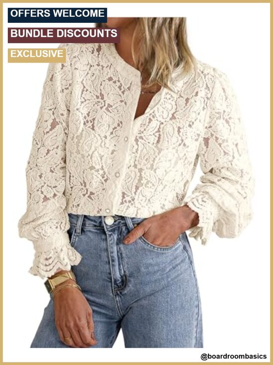 Tops - Long Sleeve Lace Sheer Blouse Button Down Dressy Casual Tunic